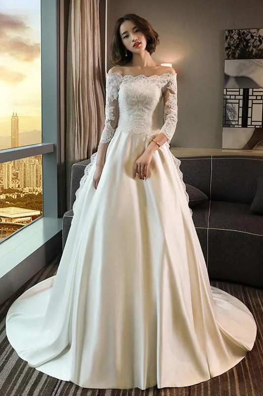 tulle wedding dressesModest 3/4 Sleeve Off the Shoulder A Line Lace Wedding Dresses OK642