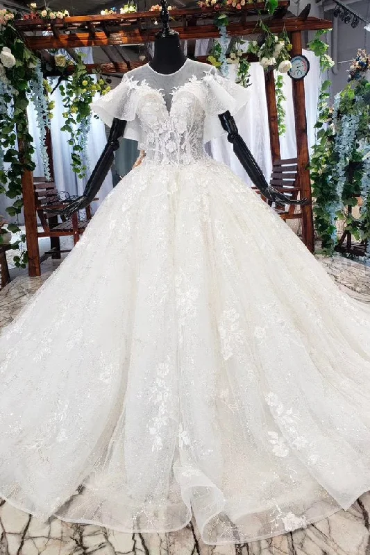 wedding dress with illusion backElegant Ball Gown Big Wedding Dress, Appliques Bridal Dress with Short Sleeves OKN73