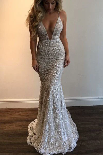 rustic glam wedding dressesMermaid Spaghetti Straps Prom Dress,Beading Lace V-neck Prom Dress Sexy Wedding Dress OK171