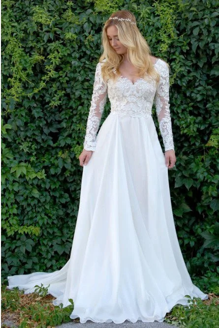 high-low wedding dressesA-Line V-Neck Long Sleeves Wedding Dresses with Lace Appliques OKL50