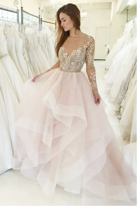 wedding dress with built-in petticoatPrincess A-line Bateau Long Sleeves Pink Wedding Dress with Appliques OKS34