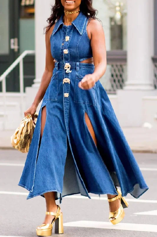 stretch midi dressesSolid Color Urban Cutout High Split Denim Midi Dress