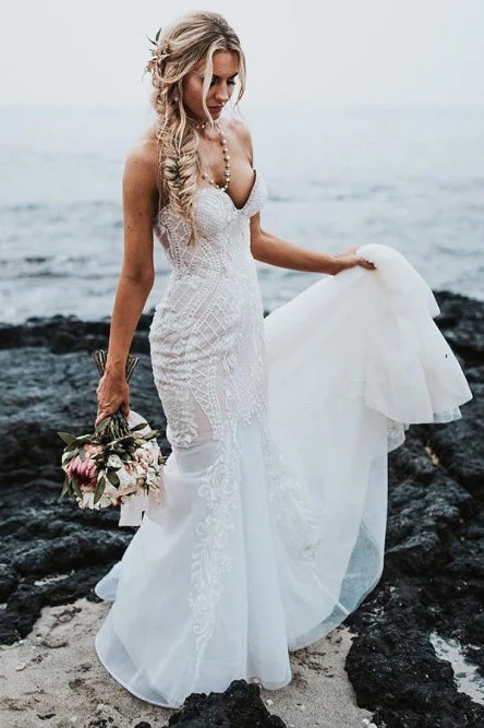 glamorous wedding dressesMermaid Sweetheart Sweep Train Elegant Wedding Dress with Lace Appliques OKR77