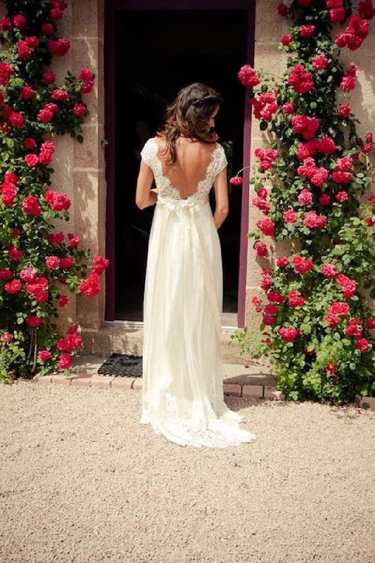 mother-of-the-bride wedding dressesElegant Cap Sleeve A Line V Back Cheap Long Lace Backless Wedding Dress OK389