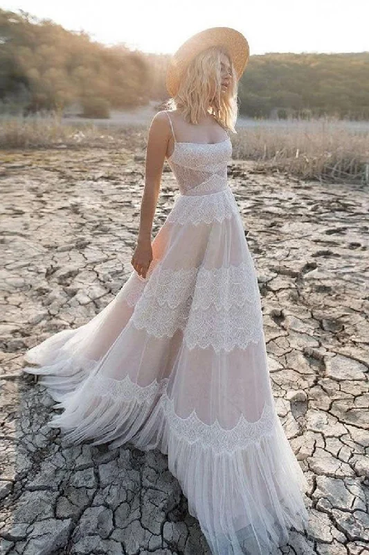 trendy wedding dressesLace Boho Spaghetti Straps Wedding Dress Tulle Long A-line Bridal Dress OKU66