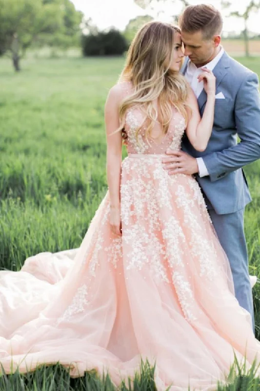 mother-of-the-groom wedding dressesBlush Pink Long Tulle Appliques Wedding Dress With Cathedral Train,Prom Dress OK904