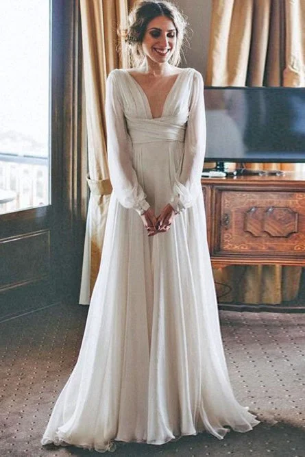 vintage wedding dressesA-Line V-Neck Long Sleeves Floor Length Chiffon Beach Wedding Dress OKR79