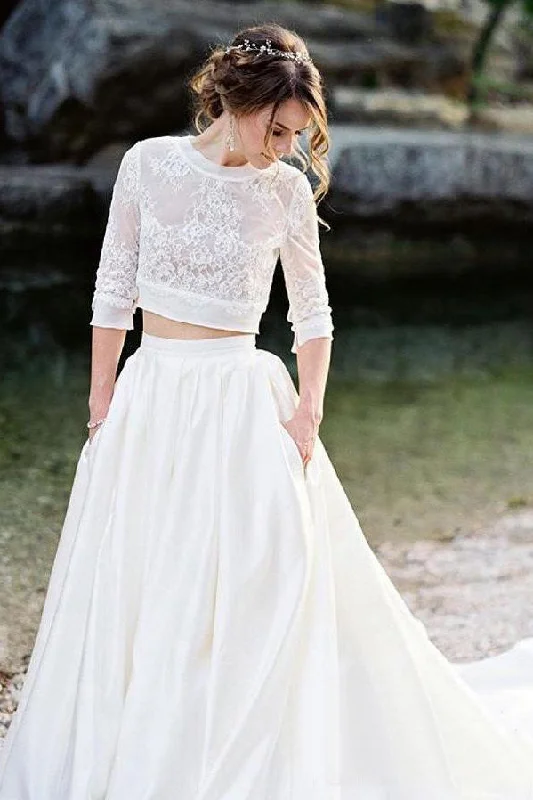 trendy wedding dressesIvory Lace Top Two Pieces Wedding Dress Gorgegous Sweep Train Wedding Gowns With Pockets OKP84