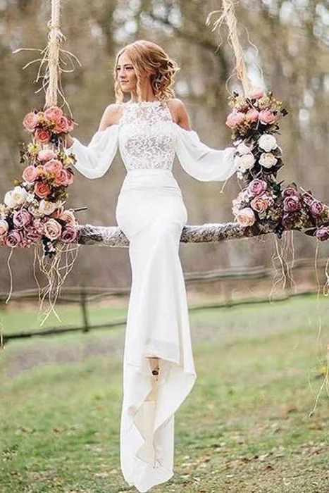 wedding dress fittingUnique Lace Top Long Sleeves Mermaid Long Wedding Dresses OK790