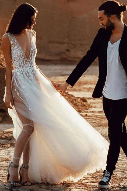 tulle wedding dressesSexy A-line Deep V-Neck Sweep Train Wedding Dress with Appliques Split OKR39