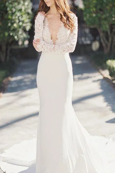 wedding dress with built-in petticoatNew Sexy Deep V-Neck Lace Top Long Sleeves Mermaid Wedding Dress OK803