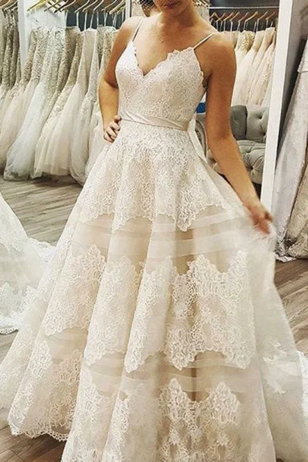 flutter sleeve wedding dressesA-line Spaghetti Straps Ivory Sweep Train Wedding Dress with Lace Bowknot OKR13