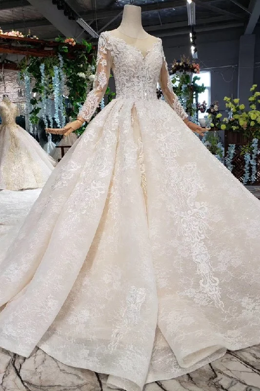 wedding dress with corsetPrincess Long Sleeves Ball Gown Lace Wedding Dress, Long Bridal Dress OKN43