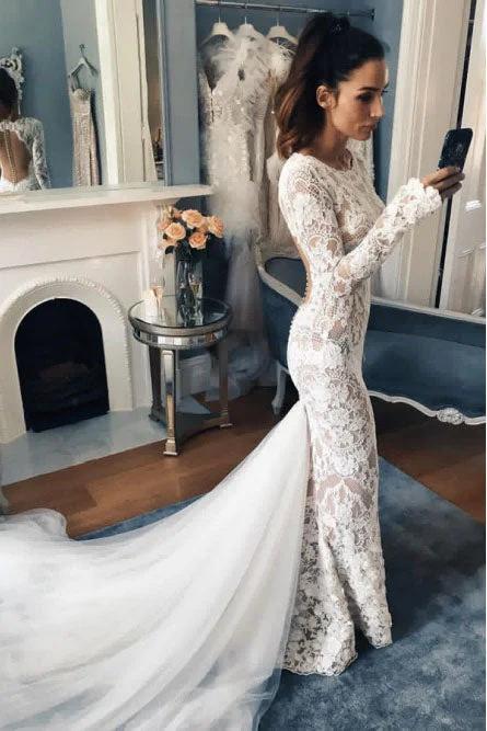 cap sleeve wedding dressesMermaid Crew Long Sleeves Illusion Back Lace Wedding Dresses OKL15