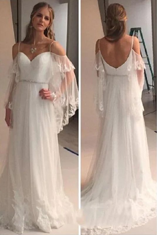 unique wedding dressesElegant Cold Shoulders Hippie A Line Tulle Long Sweep Train Wedding Dresses OKA97