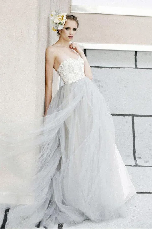 mother-of-the-groom wedding dressesSexy White Top A-line Lace Grey Tulle Strapless Sweetheart Neck Wedding Dress OK388