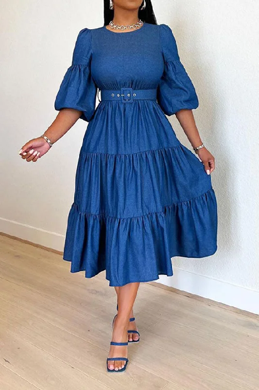 floral midi dressesBlue Urban Belted Tiered Ruffle Denim Midi Dress