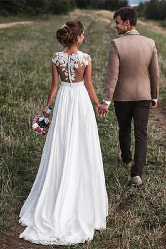 wedding dress with buttonsLovely Off White Lace Appliques Cap Sleeves Long Chiffon Beach Wedding Dress New OK827