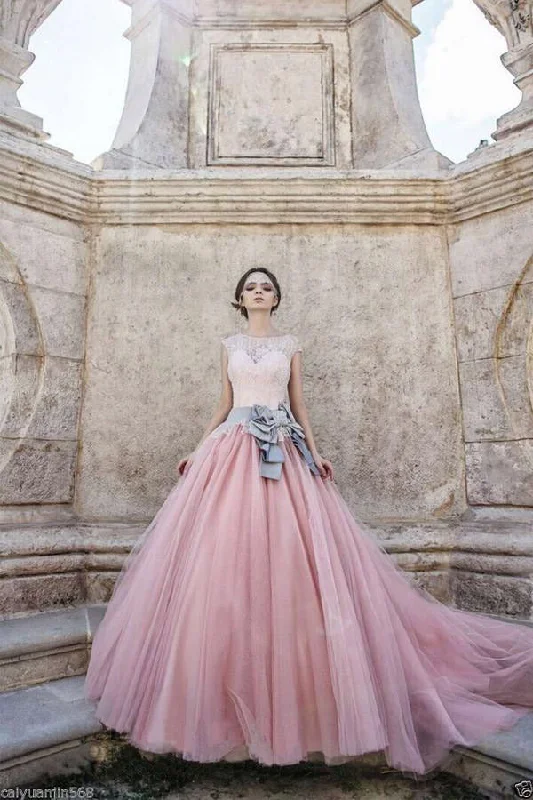 ready-to-wear wedding dressesPrincess Cap Sleeves Ball Gown Bateau Lace Bow-knot Pink Tulle Wedding Dress OK563