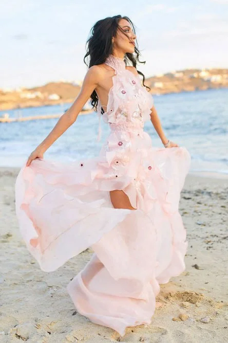 wedding dress trendsA-Line Halter Backless Light Pink Chiffon Beach Wedding Dress with Appliques Ruffles OKR83