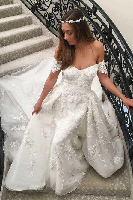 illusion sleeve wedding dressesA-line Off-the-shoulder Sweep Train Off White Wedding Dress with Appliques OKR14