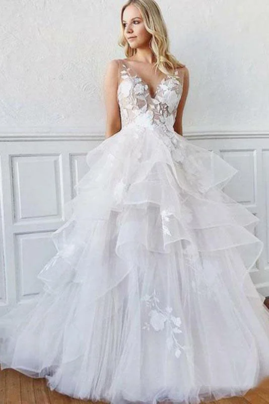 wedding dress preservationRomantic A-Line V Neck Tiered Appliques Tulle Long Wedding Dress OKM87