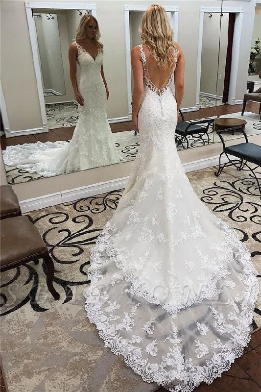 wedding dress with lace overlayGlamorous Straps V-Neck Backless Lace Mermaid Wedding Dress OKU38