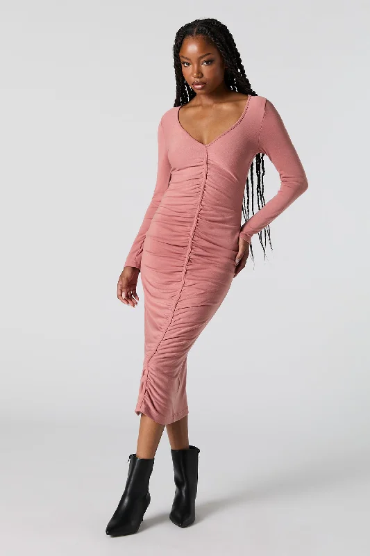 plus-size midi dressesRuched V-Neck Long Sleeve Midi Dress