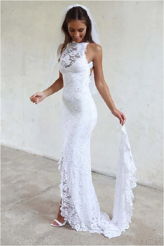 lightweight wedding dressesWhite High Neckline Lace Backless Mermaid Wedding Dress With Court Train OK568