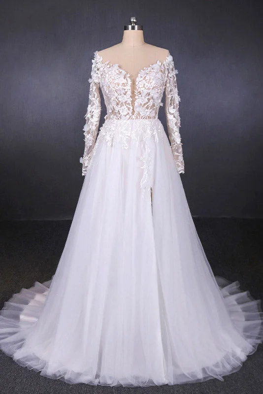 ready-to-wear wedding dressesA Line Tulle Lace Appliques Long Sleeves Wedding Dresses, Cheap Bridal Dresses OKQ28