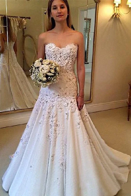 bohemian chic wedding dressesCharming Sweetheart Sweep Train A Line Long Wedding Dresses with Lace Appliques OKB10