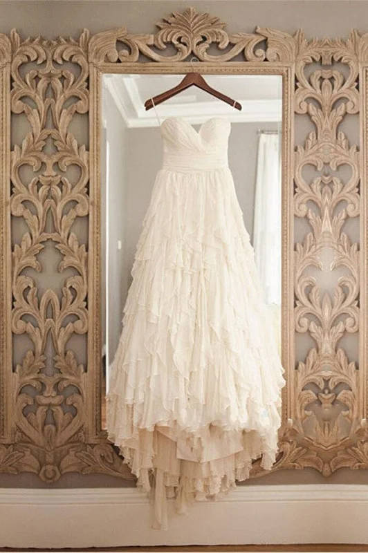 rustic elegance wedding dressesPrincess A Line Sweetheart Hi-Low Tiered Chiffon Wedding Dresses OKB06