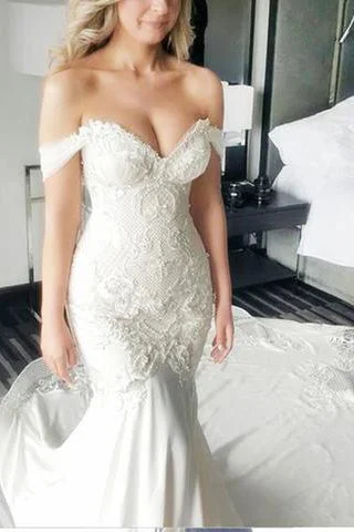 modern wedding dressesMermaid Off-the-Shoulder Lace Long Cheap Count Train Backless Plus Size Wedding Dresses OK774