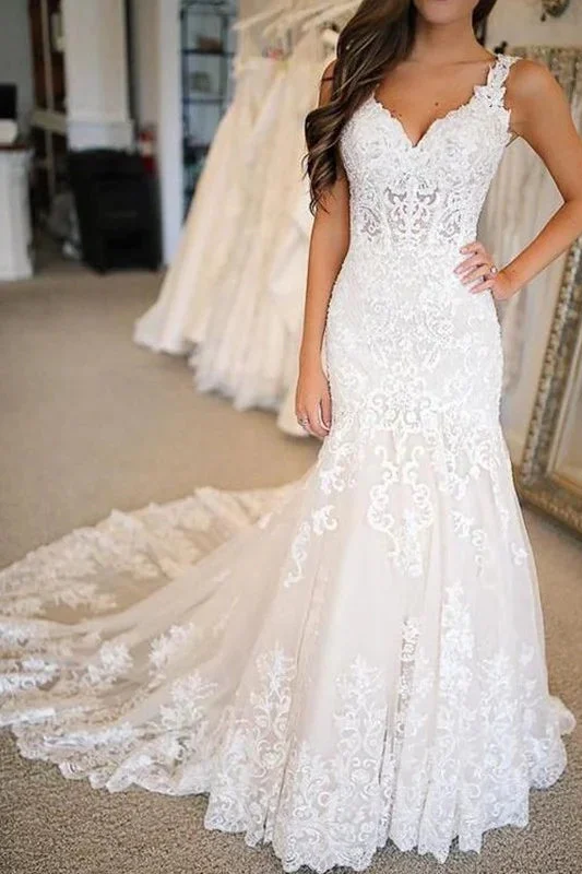 intricate wedding dressesCharming Trumpet/Mermaid Lace Applique V-neck Sleeveless Wedding Dress OKU82