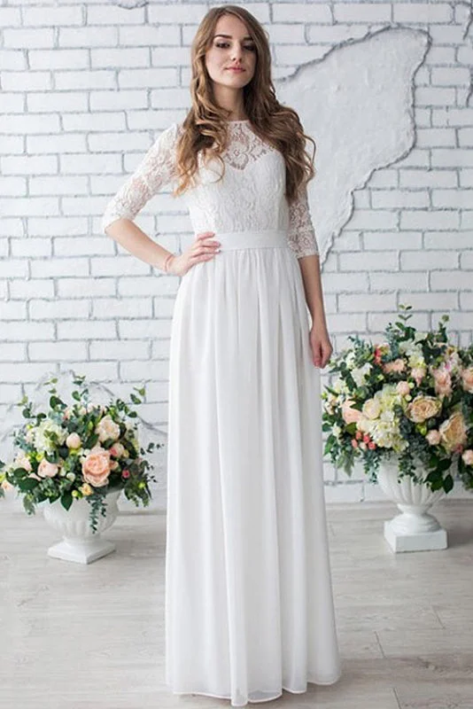 mermaid wedding dressesWhite Long Half Sleeve Chiffon Wedding Dress,Lace Beach Floor-Length Bridal Dresses OK618