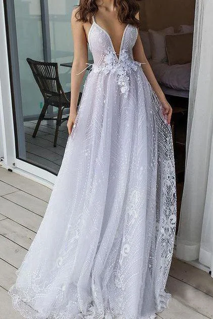 elegant bohemian wedding dressesWhite Deep V Neck Beach Wedding Dress Spahetti Straps Lace Bridal Dresses OKP89