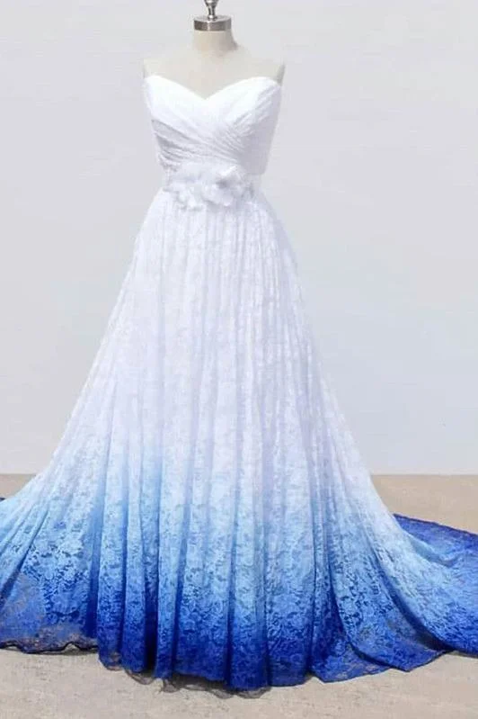 long sleeve wedding dressesWhite and Blue Sweetheart Lace Wedding Dresses, Ombre Wedding Dresses with Flowers OKQ69