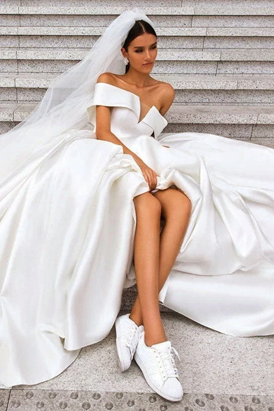 garden wedding dressesOff the Shoulder White Ball Gown Simple Wedding Dresses, Satin Bridal Gown OKQ20