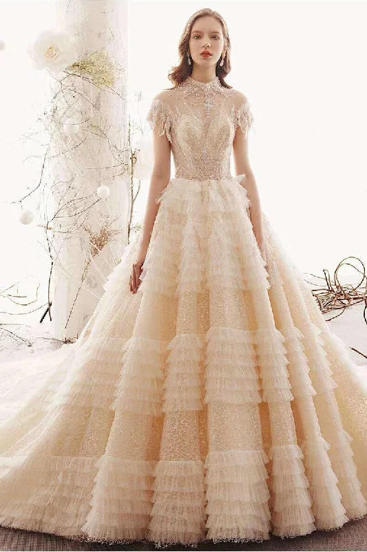 romantic wedding dressesPrincess High Neck Ball Gown Wedding Dress, Short Sleeves Bridal Dress OKK1