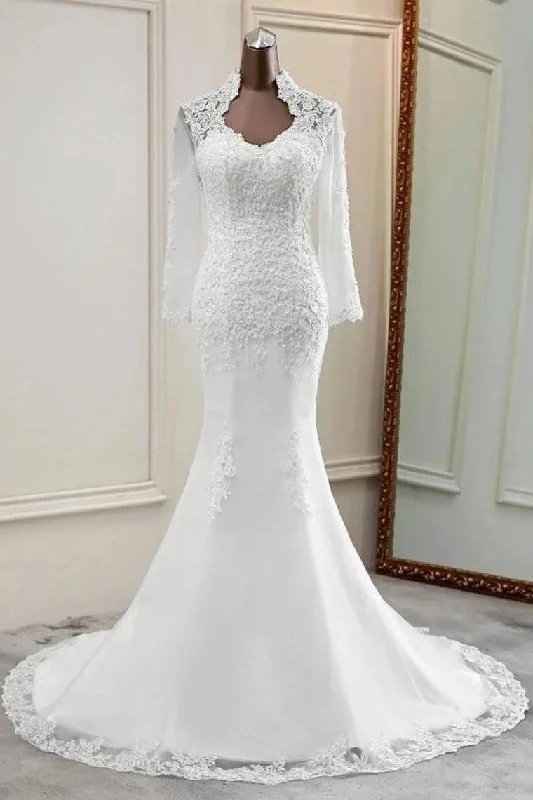 unique wedding dressesElegant Appliqued Long Sleeves Mermaid Bridal Gown Cheap Wedding Dress OKU65