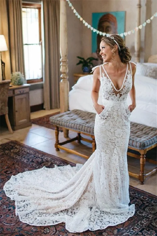 high-low wedding dressesCharming V-Neck Sleeveless Mermaid Backless Lace Pocket Wedding Dresses With Court Train OK598