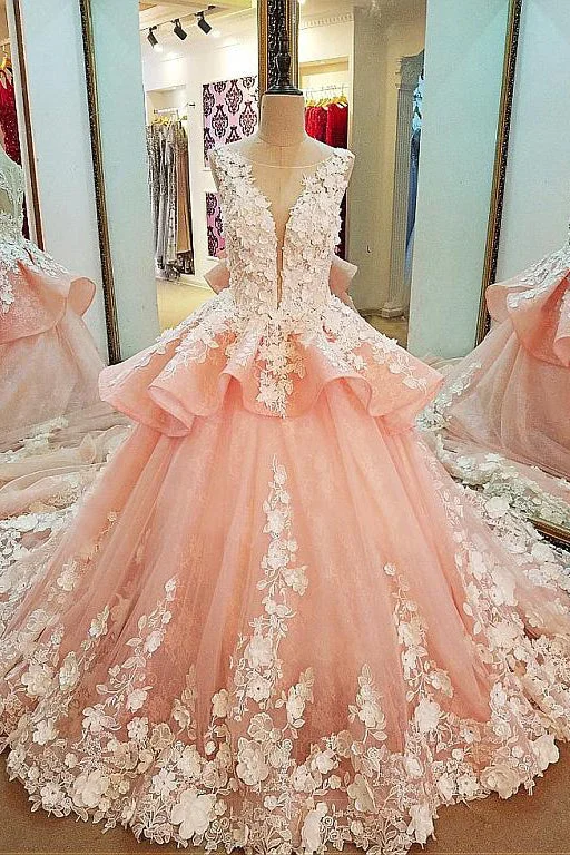 A-line wedding dressesTulle Lace Scoop Neckline Ball Gown Wedding Dress With Lace Appliques,Quinceanera Dress OK619