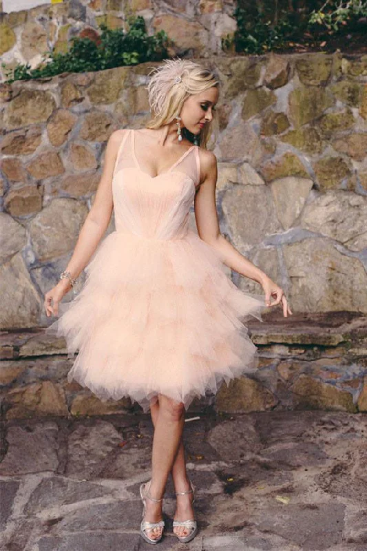 garden wedding dressesKnee Length Blush Colored Layered Tulle Short Ruffles Wedding Dress OK557