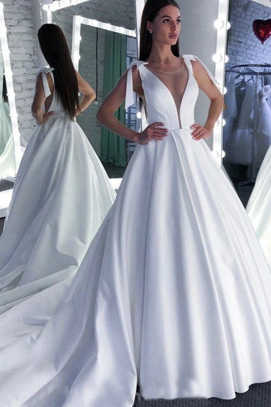 fitted wedding dressesA Line Round Neck White Prom Wedding Dresses With Bowknot OKQ57