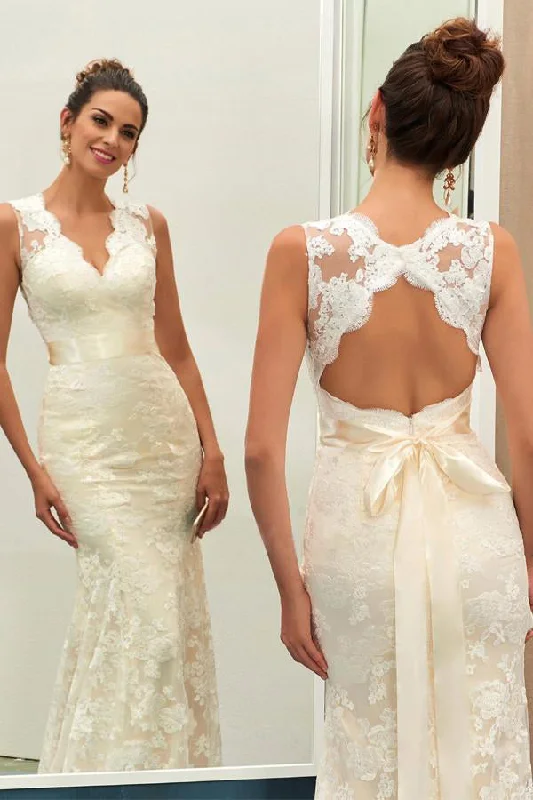 rustic chic wedding dressesCharming Ivory V Neck Lace Sheath Open Back Wedding Dresses With Sashes OK545