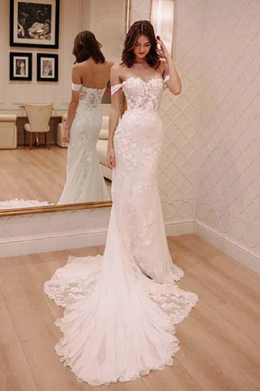 sample sale wedding dressesPrincess Off Shoulder Court Train Chiffon Long Wedding Dresses with Lace Appliques OKA51