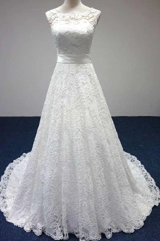 satin wedding dressesElegant Bateau A-Line White Lace Long Sleeveless Wedding Dresses OK689