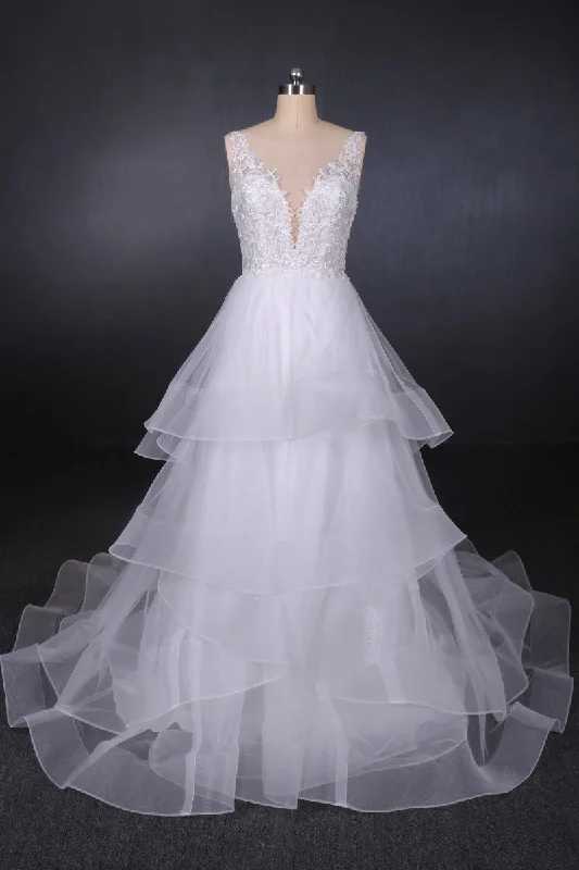 beach wedding dressesA Line V Neck Layered Backless Wedding Dresses, Long Bridal Gown OKQ23