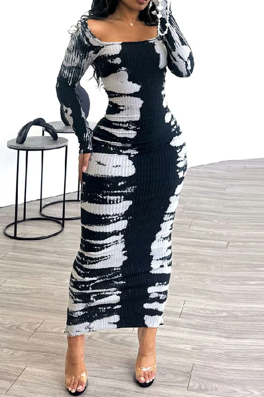 plus-size midi dressesAbstract Print Flattering Ribbed Bodycon Midi Dress