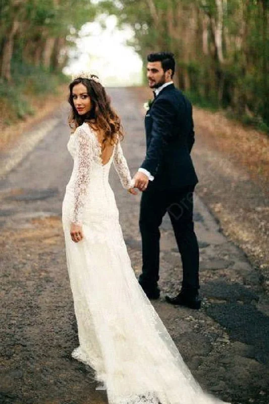 plus-size wedding dressesSexy Mermaid Long Sleeves V Neck White Lace Backless Wedding Dresses OK567